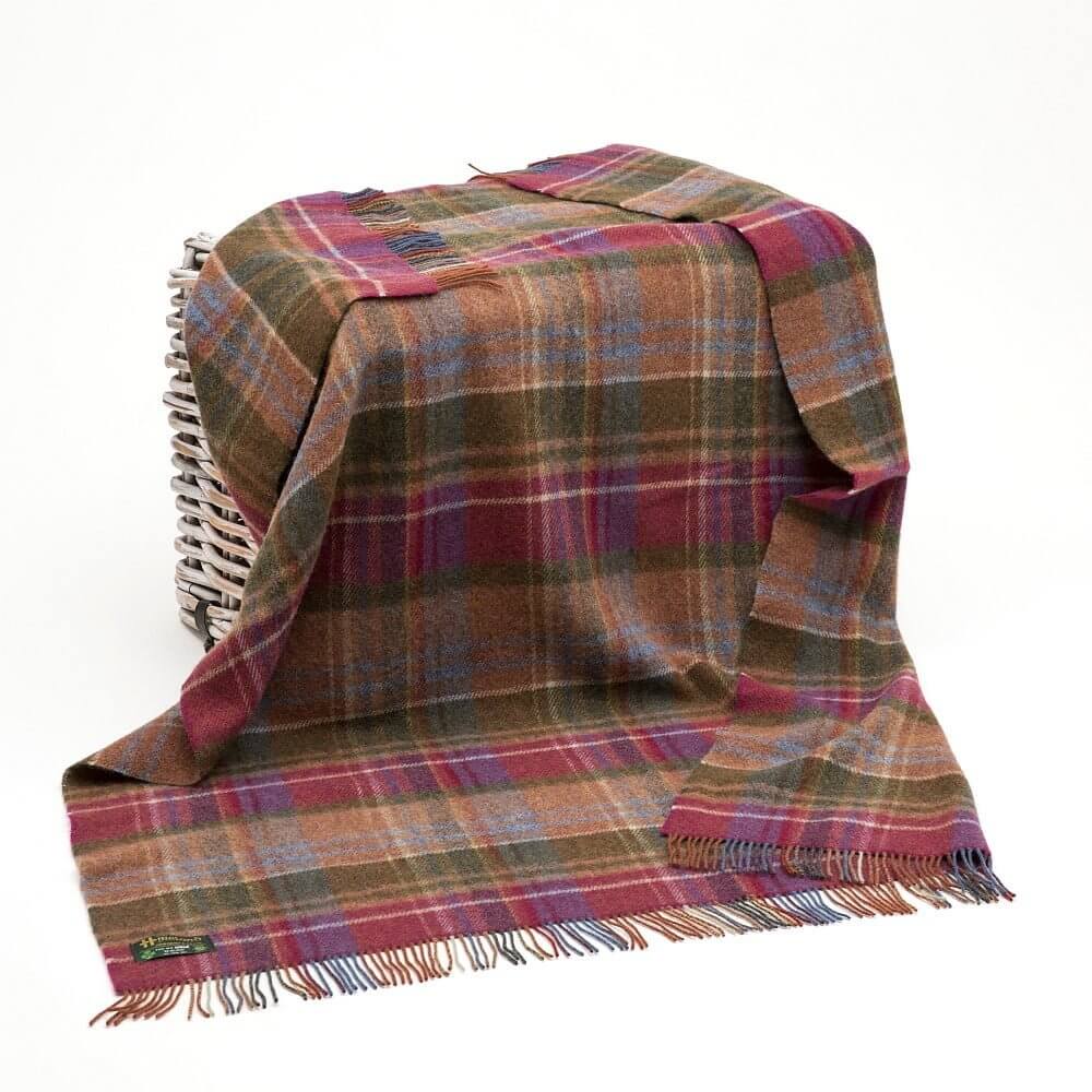 Deka z ovčí vlny Raspberry Purple Green Orange Tartan 182 x 137 cm John Hanly