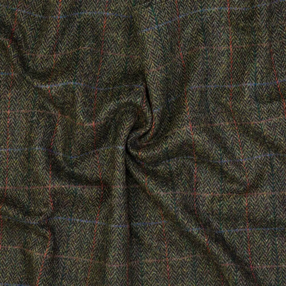 Vlněná látka metráž š. 150 cm - Green Black Windowpane Tweed