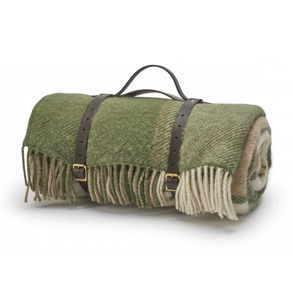 Pikniková vlněná deka Polo Block Check Olive, kožené popruhy, 183x150 cm Tweedmill