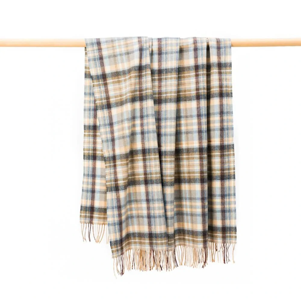 Deka z jehněčí vlny Blue Cream Brown Denim Check 180 x 137 cm John Hanly