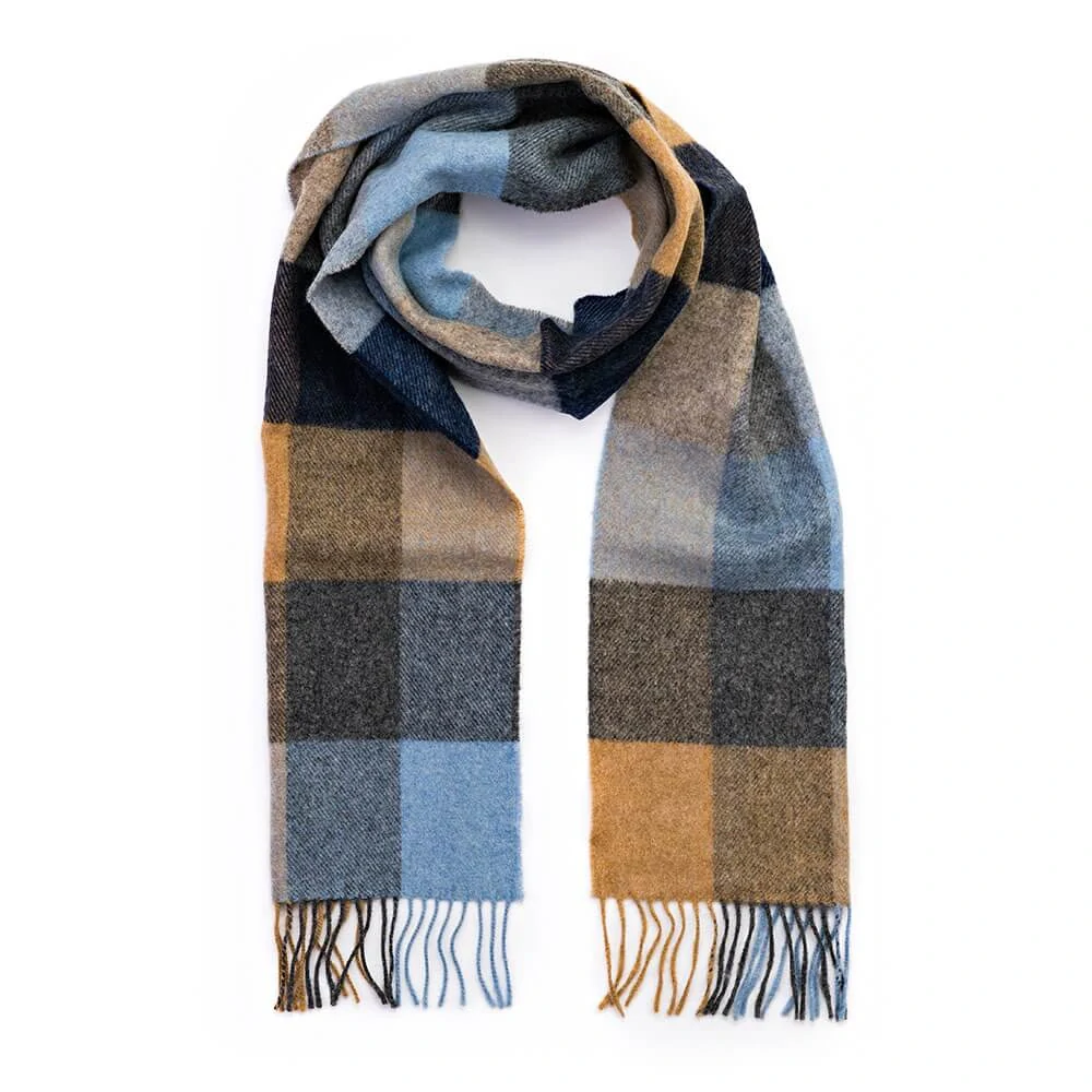 Šála z jehněčí vlny Beige Grey Blue Navy Block Check 200x24 cm John Hanly