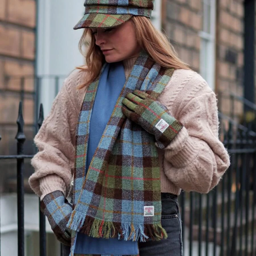 Šála Harris Tweed Gunn Tartan & modrý fleece 155x25cm - Glen Appin