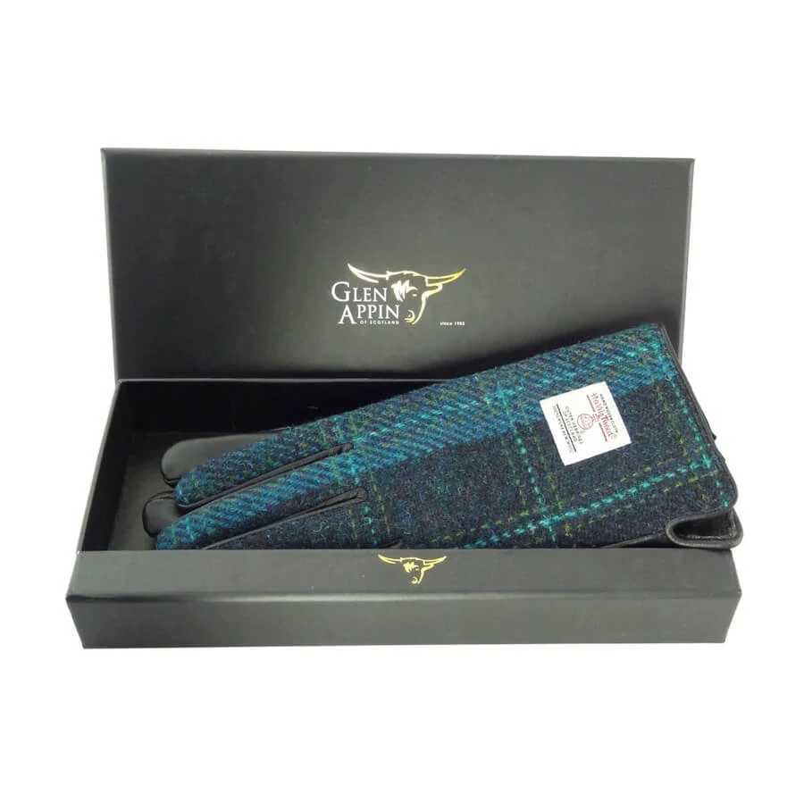 Dámské rukavice Harris Tweed Turquoise Overcheck s pravou černou kůží v dárkové krabičce