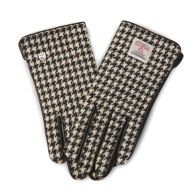 Dámské rukavice Harris Tweed® Black and White Dogtooth s pravou kůží - Islander