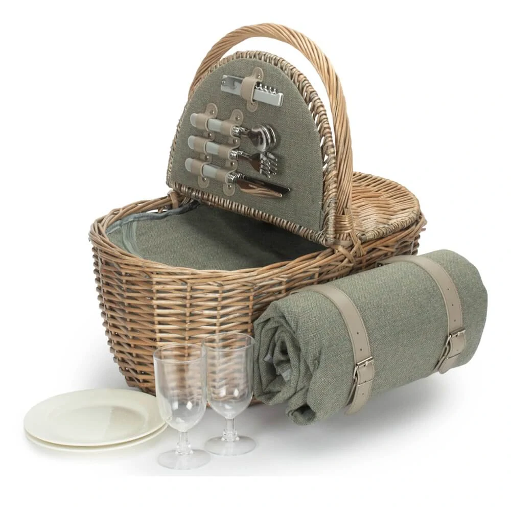 Piknikový koš OVAL GREY SAGE TWEED proutěný pro 2 osoby
