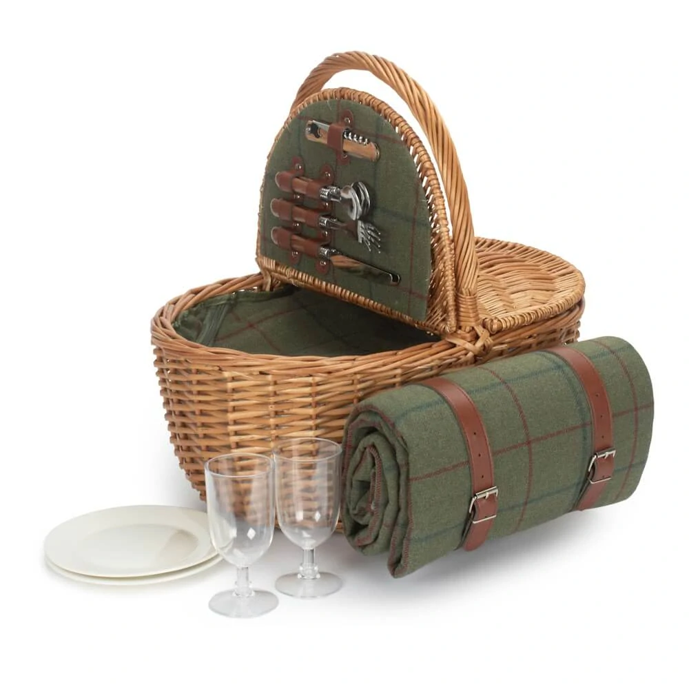 Piknikový koš OVAL GREEN TWEED proutěný pro 2 osoby
