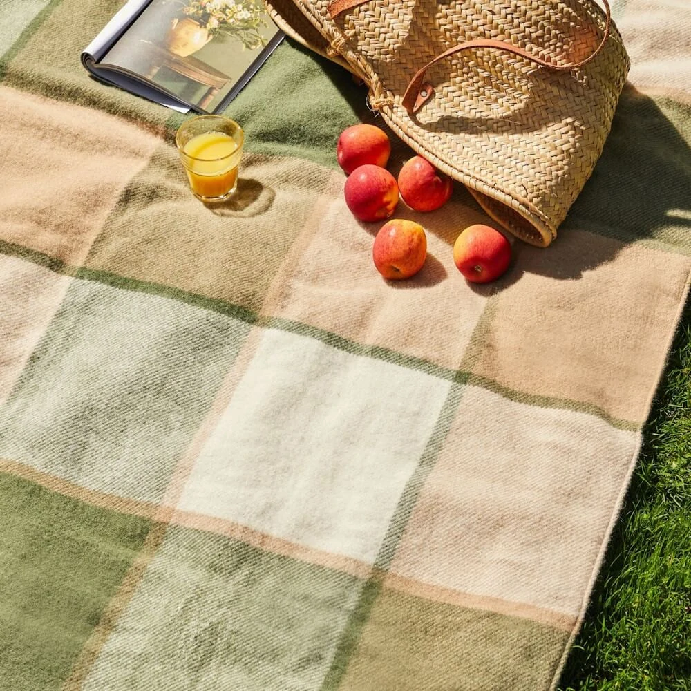 Pikniková vlněná deka Polo Block Check Olive, kožené popruhy, 183x150 cm Tweedmill