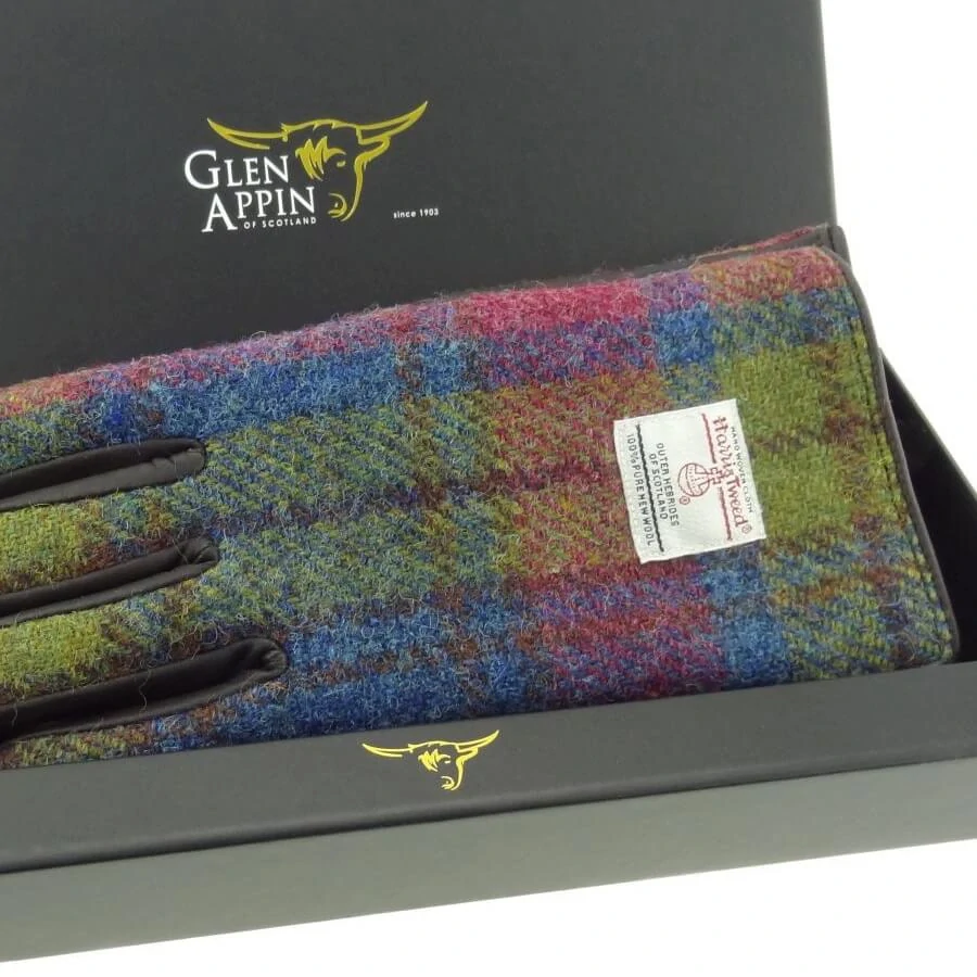 Dámské rukavice Harris Tweed Multi Colour Tartan s pravou hnědou kůží v dárkové krabičce
