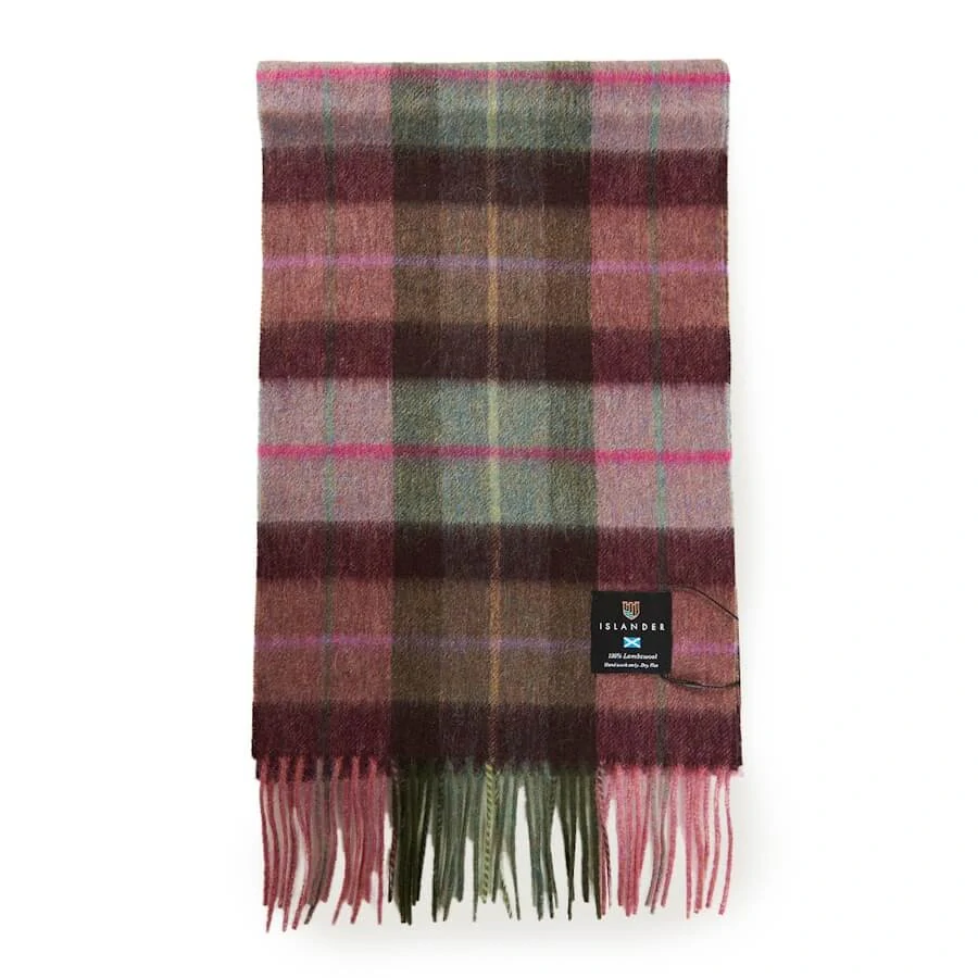 Šála z jehněčí vlny Green Rose Pink Tartan krátká 150x27 cm - Islander