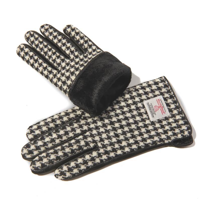 Dámské rukavice Harris Tweed® Black and White Dogtooth s pravou kůží - Islander
