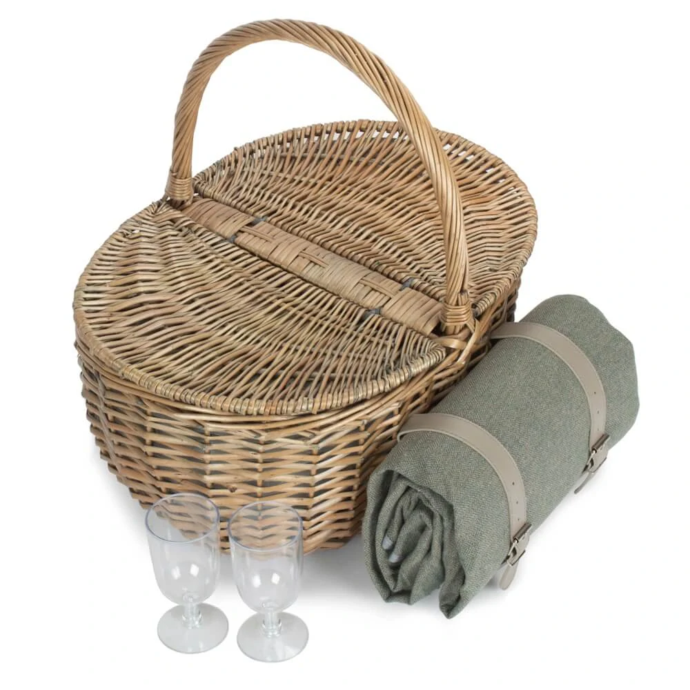 Piknikový koš OVAL GREY SAGE TWEED proutěný pro 2 osoby