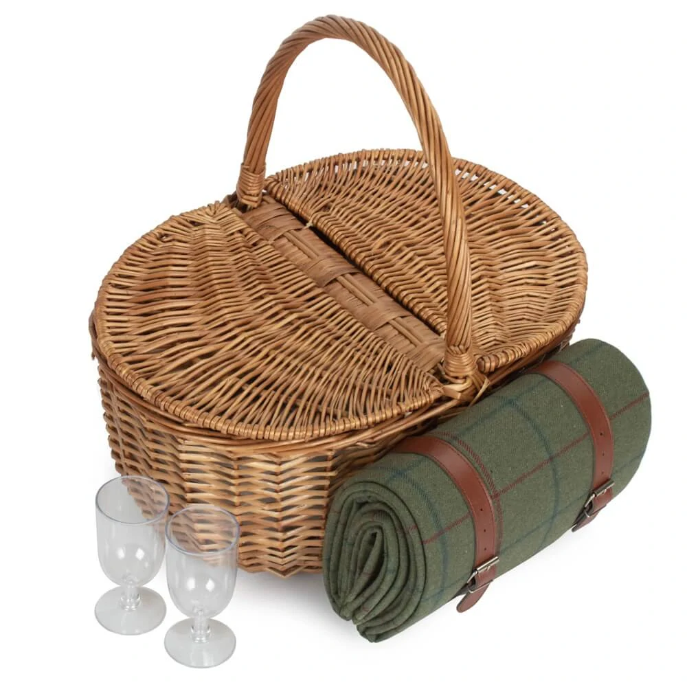 Piknikový koš OVAL GREEN TWEED proutěný pro 2 osoby