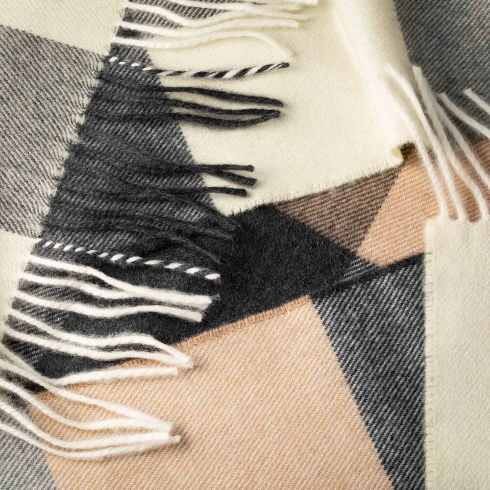 Šála z Merino vlny Cream Brown & Black Block Check 180x30 cm John Hanly