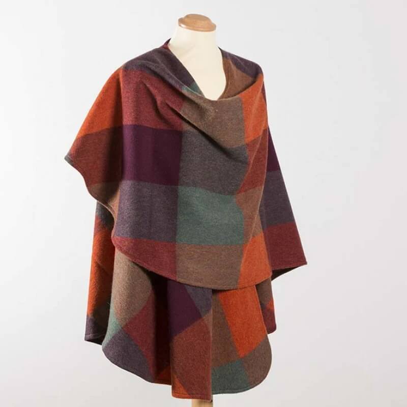 Vlněné pončo z jehněčí vlny Orange Maroon Sea Green Block - John Hanly