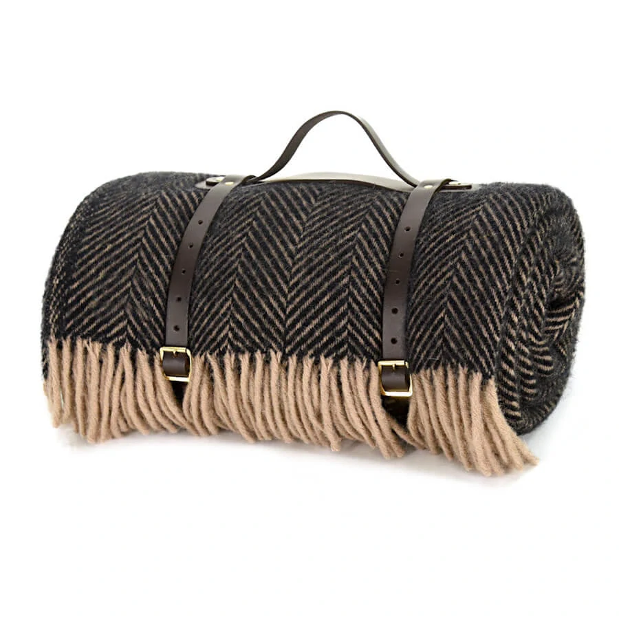 Pikniková vlněná deka Polo Herringbone Vintage, kožené popruhy, 183 x 150 cm Tweedmill