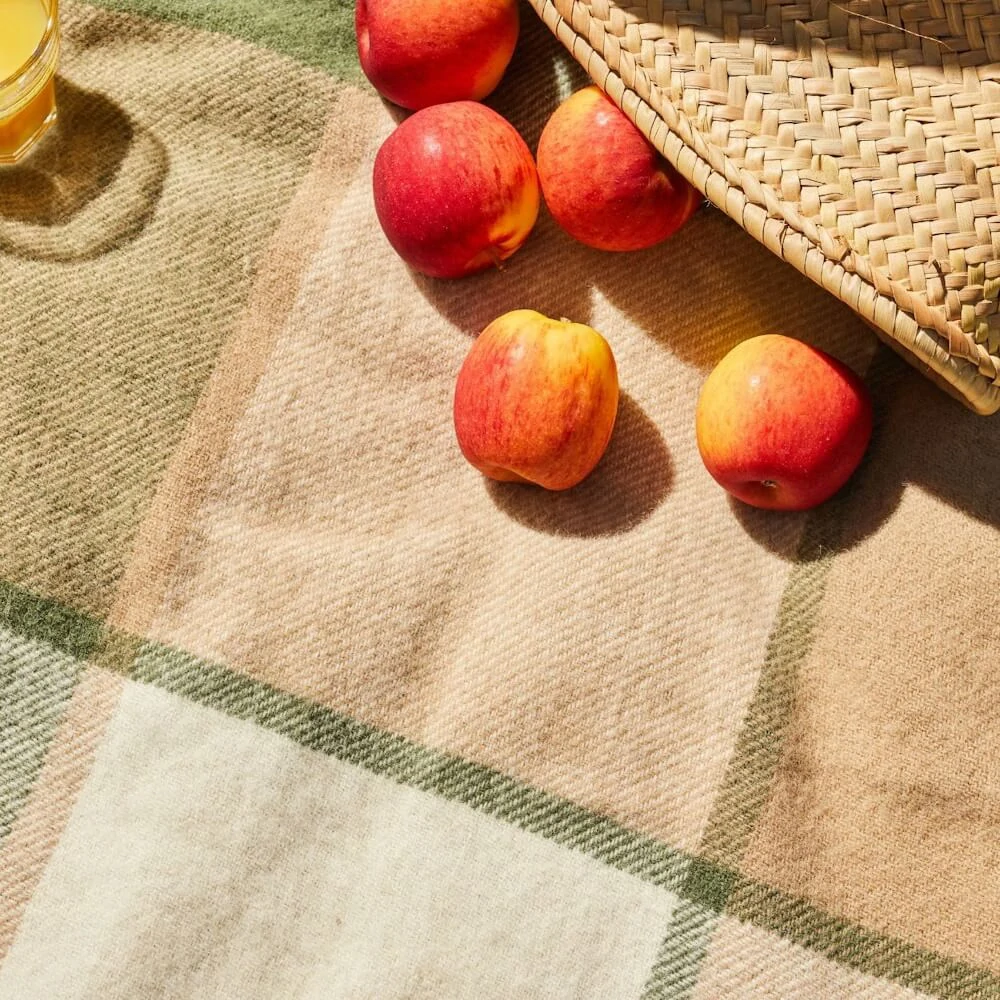 Pikniková vlněná deka Polo Block Check Olive, kožené popruhy, 183x150 cm Tweedmill