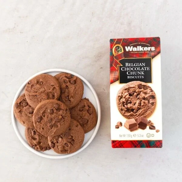 Sušenky s kousky belgické čokolády - Walkers Belgian Chocolate Chunk Biscuits 150g
