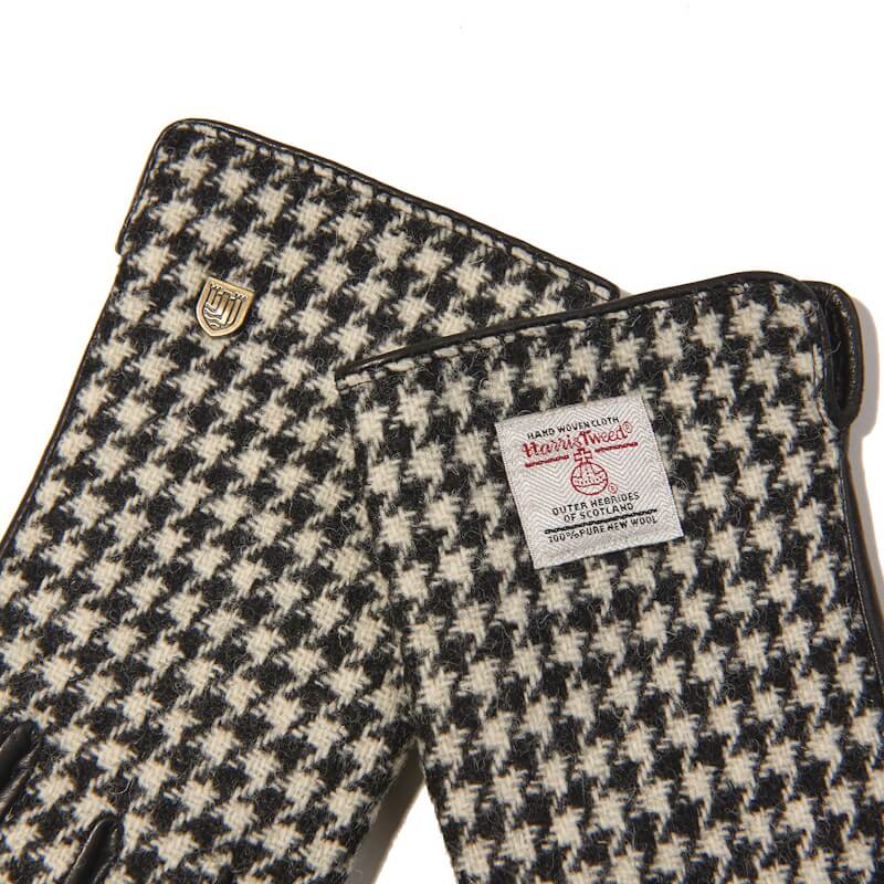 Dámské rukavice Harris Tweed® Black and White Dogtooth s pravou kůží - Islander