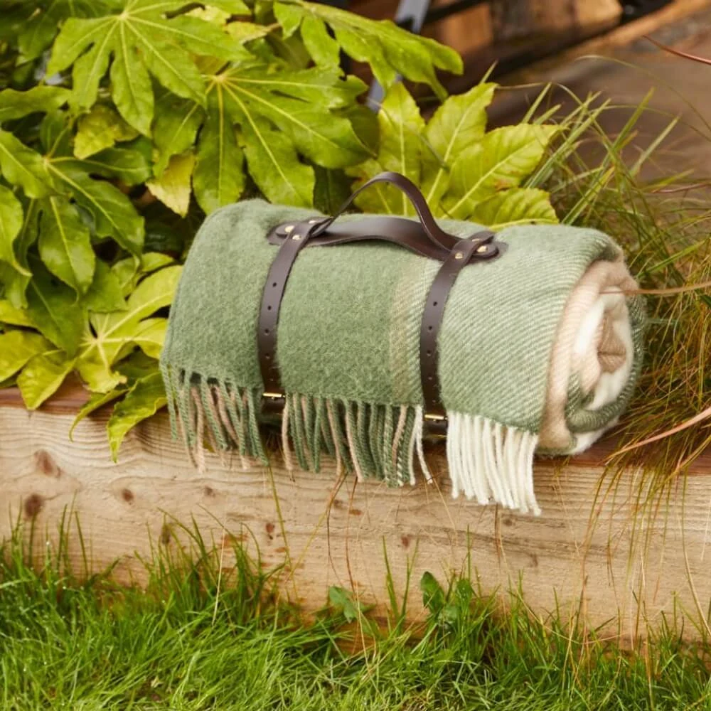 Pikniková vlněná deka Polo Block Check Olive, kožené popruhy, 183x150 cm Tweedmill
