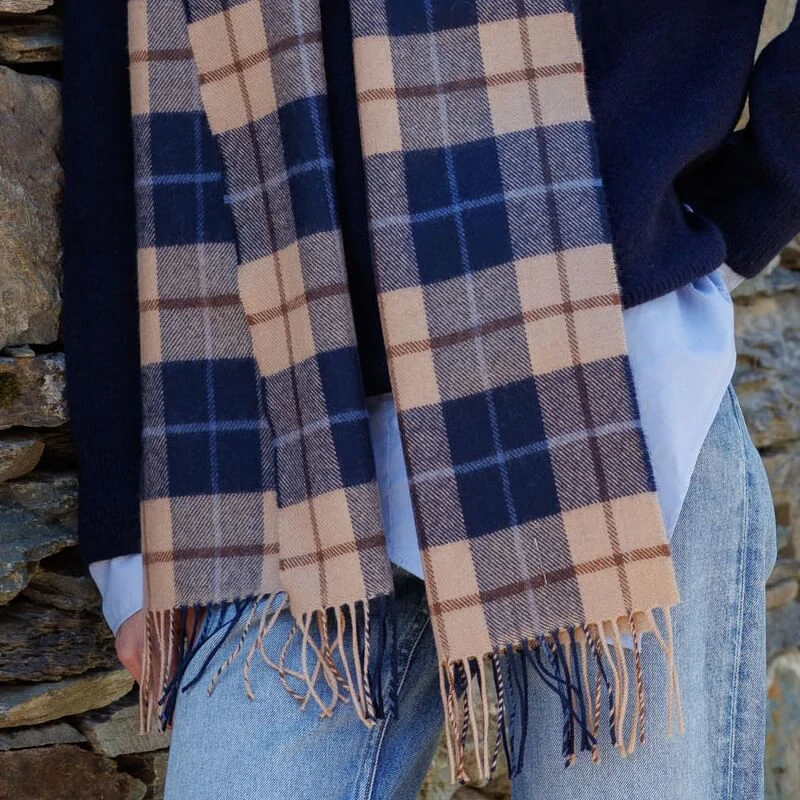 Šála z Merino vlny Navy Beige Brown Check 180x30 cm John Hanly
