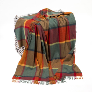 Deka z jehněčí vlny Orange Green Yellow Wine Check 180 x 137 cm John Hanly