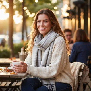 Pashmina / wrap z jemné Merino vlny Silver White Indigo Check 200x76 cm - John Hanly