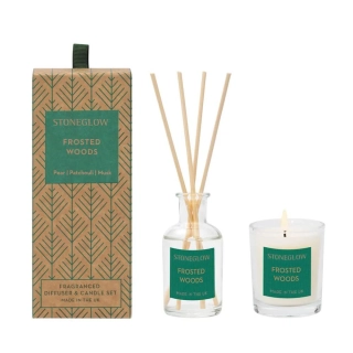 Vonná sada Frosted Woods, svíčka 75g a mini difuzér 50ml - Stoneglow Candles