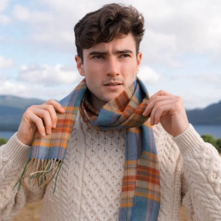 Šála z Merino vlny Sea Green Rust Plaid 180x30 cm - John Hanly