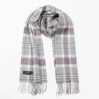 Šála z Merino vlny Pale Grey White & Pink Check 180x30 cm John Hanly