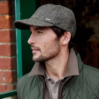 Vlněná kšiltovka Brown Green Donegal Herringbone s klapkami na uši - John Hanly