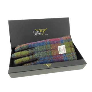 Dámské rukavice Harris Tweed Multi Colour Tartan s pravou hnědou kůží v dárkové krabičce