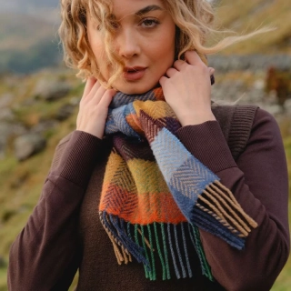 Šála z merino vlny a kašmíru Brown Orange Blue Herringbone Block 200x24 cm John Hanly