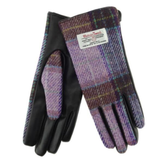 Dámské rukavice Harris Tweed Pink Lilac Check s pravou černou kůží
