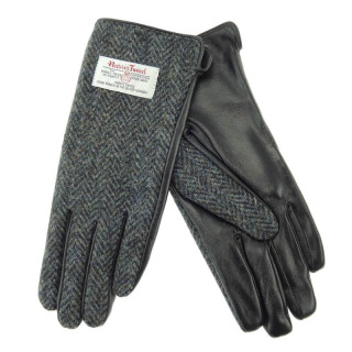 Dámské rukavice Harris Tweed Grey Herringbone s pravou černou kůží v dárkové krabičce